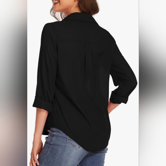 Black Button Down Ciffon Shirt w/ Pockets- Size M - Picture 5 of 7